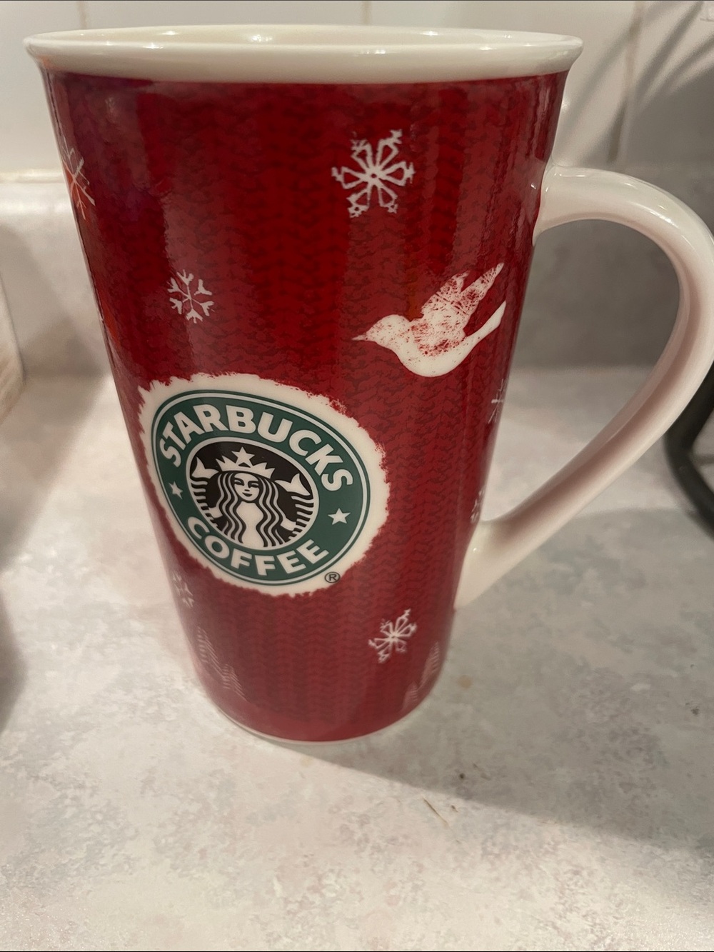 New Starbucks Red and White Holiday Ceramic Mug with Green Logo